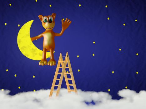 The dog climbed the moon on the stairs. 3d rendering.