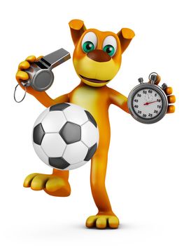 The dog plays with a soccer ball and holds a whistle and a stopwatch. 3d rendering.