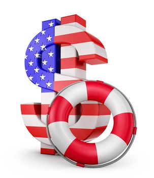 A dollar sign in colors of the American flag and a Lifebuoy
. 3d rendering.