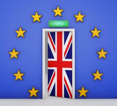 Wall in the form of a flag of the European Union and a door with the flag of the Great Britain. 3d rendering.