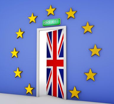 Wall in the form of a flag of the European Union and a door with the flag of the Great Britain. 3d rendering.