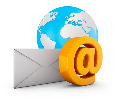 An e-mail sign, an envelope and a globe. 3d rendering.