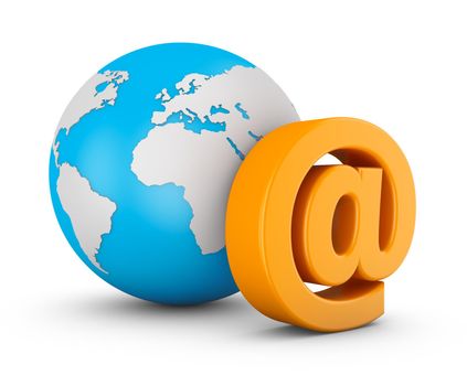 Symbol of e-mail and globe on white background. 3d rendering.
