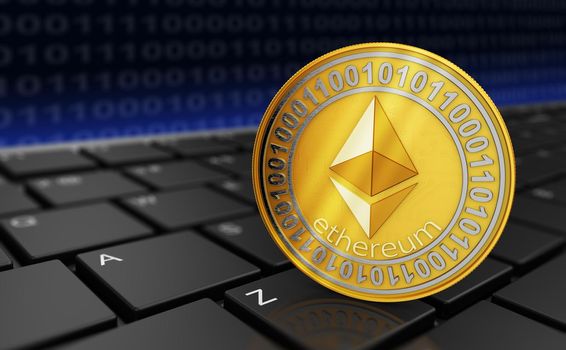 Coin ethereum on the keyboard. 3d rendering.