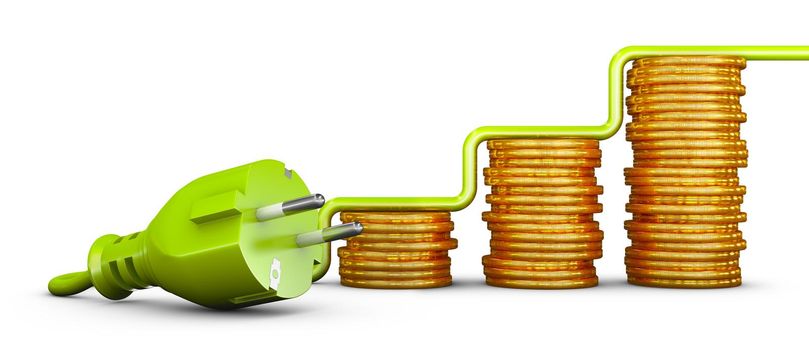 European standard green plug and stacks of coins. 3d render