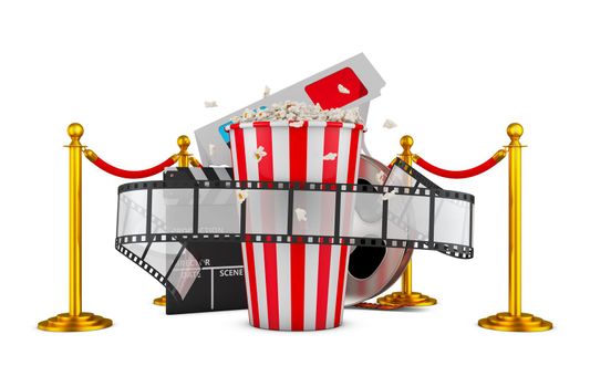 A film and popcorn on a background of pillars with a red rope. 3d rendering.