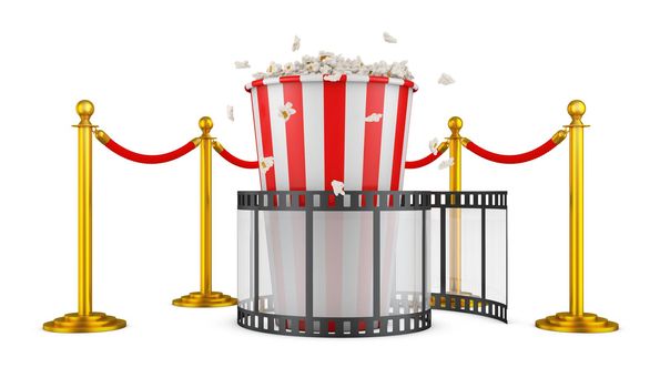 A film and popcorn on a background of pillars with a red rope. 3d rendering.