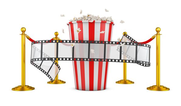 A film and popcorn on a background of pillars with a red rope. 3d rendering.