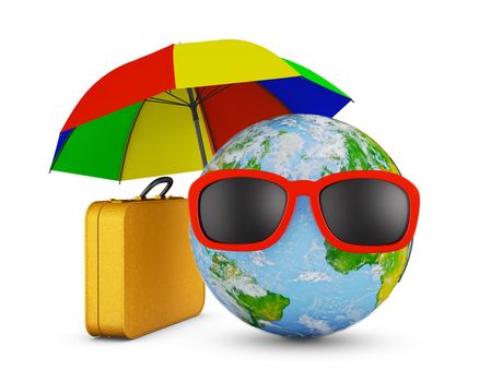 Globe in glasses under an umbrella next to a suitcase. 3d render.