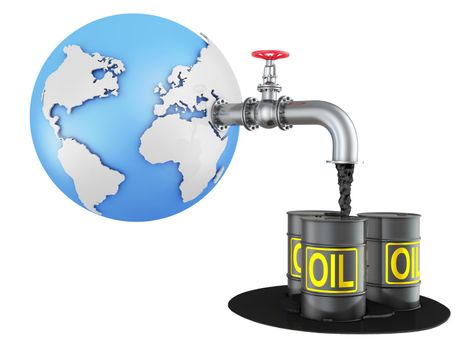 The globe with an oil pipe from which oil flows on barrels. 3d render