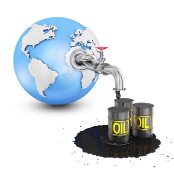 The globe with an oil pipe from which oil flows on barrels. 3d render