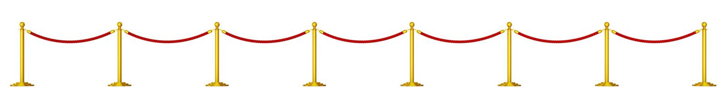 Golden pillars with red ropes on a white background. 3d rendering.