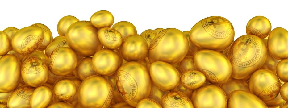 Golden eggs with the inscription bitcoin. 3d rendering.