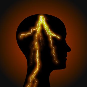 Silhouette of a man's head with lightning.