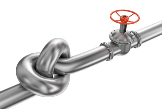 Steel pipe with a knot and a valve. 3d rendering.