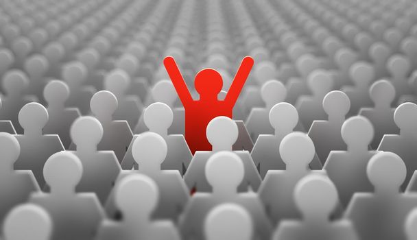 The symbol of a leader in the form of a red man with his hands up in a crowd of white men. 3d render