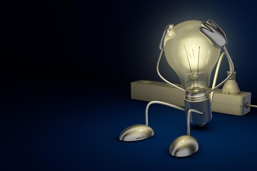 Incandescent lamp holding his hands behind his head. 3d render.