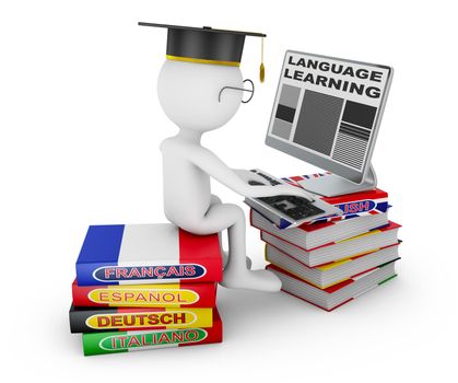 Man sitting on dictionaries studying a foreign language on a computer. 3d rendering with Clipping Path.