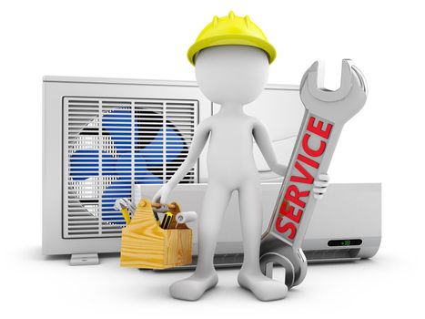 Man with a wrench on the background of the air conditioner. 3d rendering.
