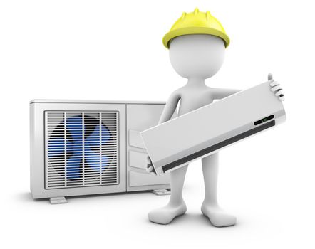 man holds air conditioner on white background. 3d rendering.