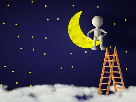The man climbed the moon on the stairs. 3d rendering.