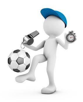 The man plays with a soccer ball and holds a whistle and a stopwatch. 3d rendering.