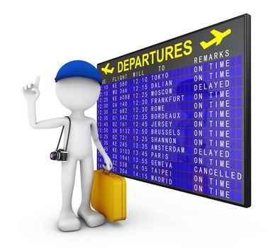 man with a suitcase and a camera on the background of departures board. 3d render