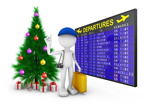 man with a suitcase and a camera on the background of departures board and a Christmas tree. 3d render