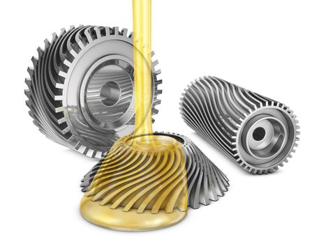 Mineral oil is poured on the rotating gears. 3d render.
