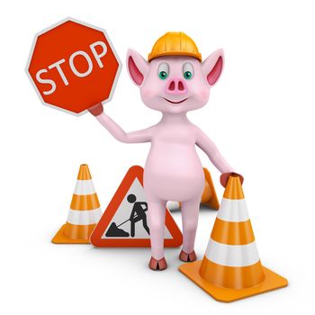 Piglet in helmet with traffic sign STOP. 3d rendering.