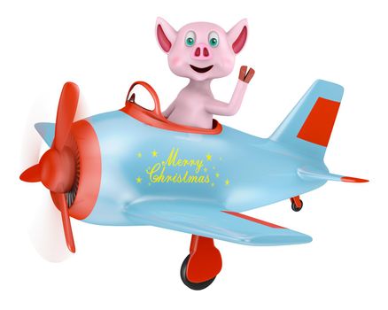 Piglet in an airplane with an inscription Merry Christmas on a white background. 3d render.