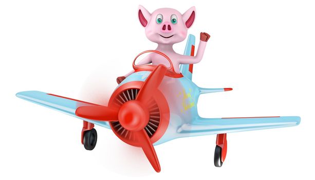 Piglet in an airplane with an inscription Merry Christmas on a white background. 3D rendering.