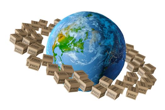 Planet earth around which revolve the box that says "free shipping". 3d rendering. Elements of this image are furnished by NASA