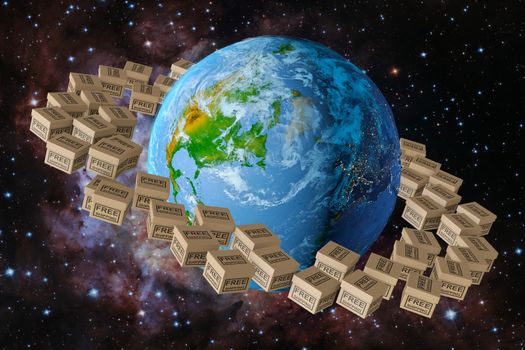 Planet earth around which revolve the box that says "free shipping". 3d rendering. Elements of this image are furnished by NASA