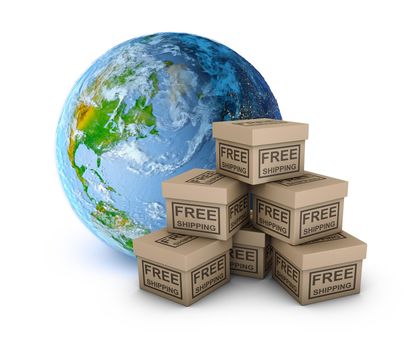 Planet earth and boxes with the inscription - free shipping on a white background. 3d render