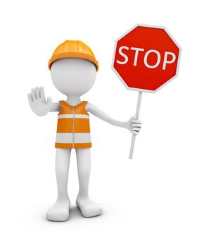 Road worker with helmet and traffic sign STOP. 3d rendering.