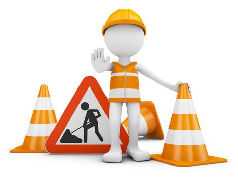 Road worker and traffic sign with cones. 3d rendering.