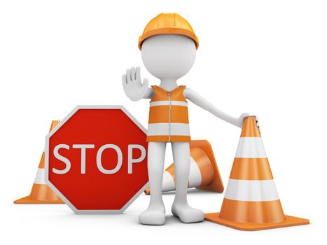 Road worker with helmet and traffic sign with cones. 3d rendering.