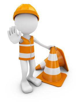 Road worker with helmet and traffic cones. 3d rendering.