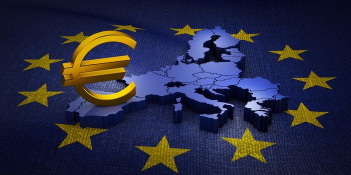 The sign of the Euro currency on the volumetric map of the European Union. 3d rendering.
