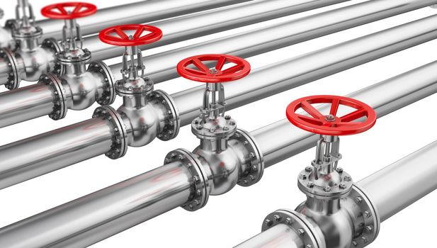 Glossy pipes and valves connection. 3d render.