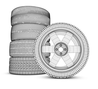 Wheels on a white background. 3d rendering.