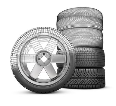 Wheels on a white background. 3d rendering.