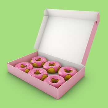 Donuts with pink icing in the box. 3d rendering.