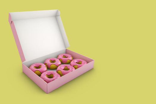 Donuts with pink icing in the box. 3d rendering.