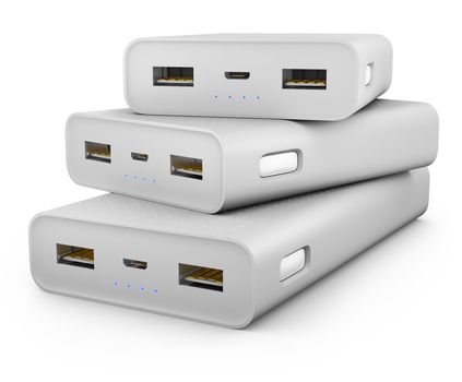 Power banks on a white background.3d rendering.