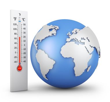 Thermometer and globe on a white background. 3d rendering.