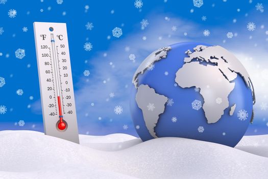 Thermometer in the snow next to a globe on the background of snowflakes. 3d rendering.