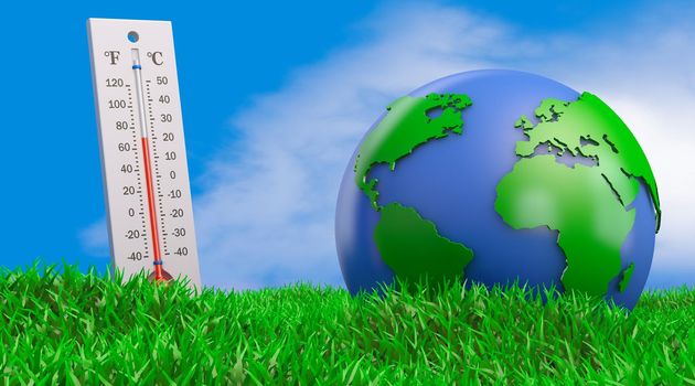 Thermometer and globe on the grass against the sky. 3d rendering.