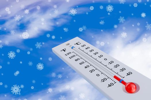 Thermometer in the snow on the background of snowflakes. 3d rendering.